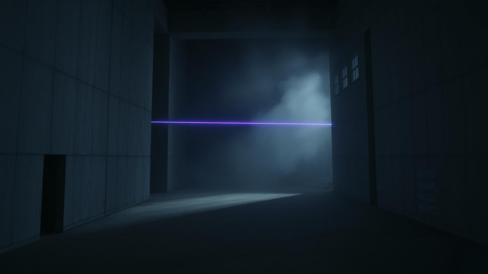 Monolito de luz violeta atravesando el humo dentro de una arquitectura de hormigón